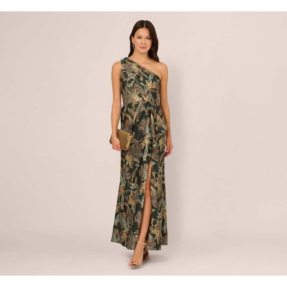 Adrianna Papell One Shoulder Jacquard Dress In Green Gold Size 8Green/Gold / Reg